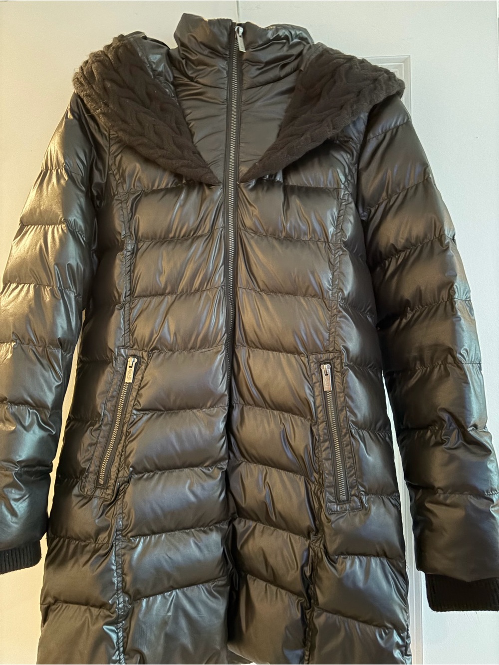 Women's mid length Puffer Coat with Quilted Hood - Black with knit accents
